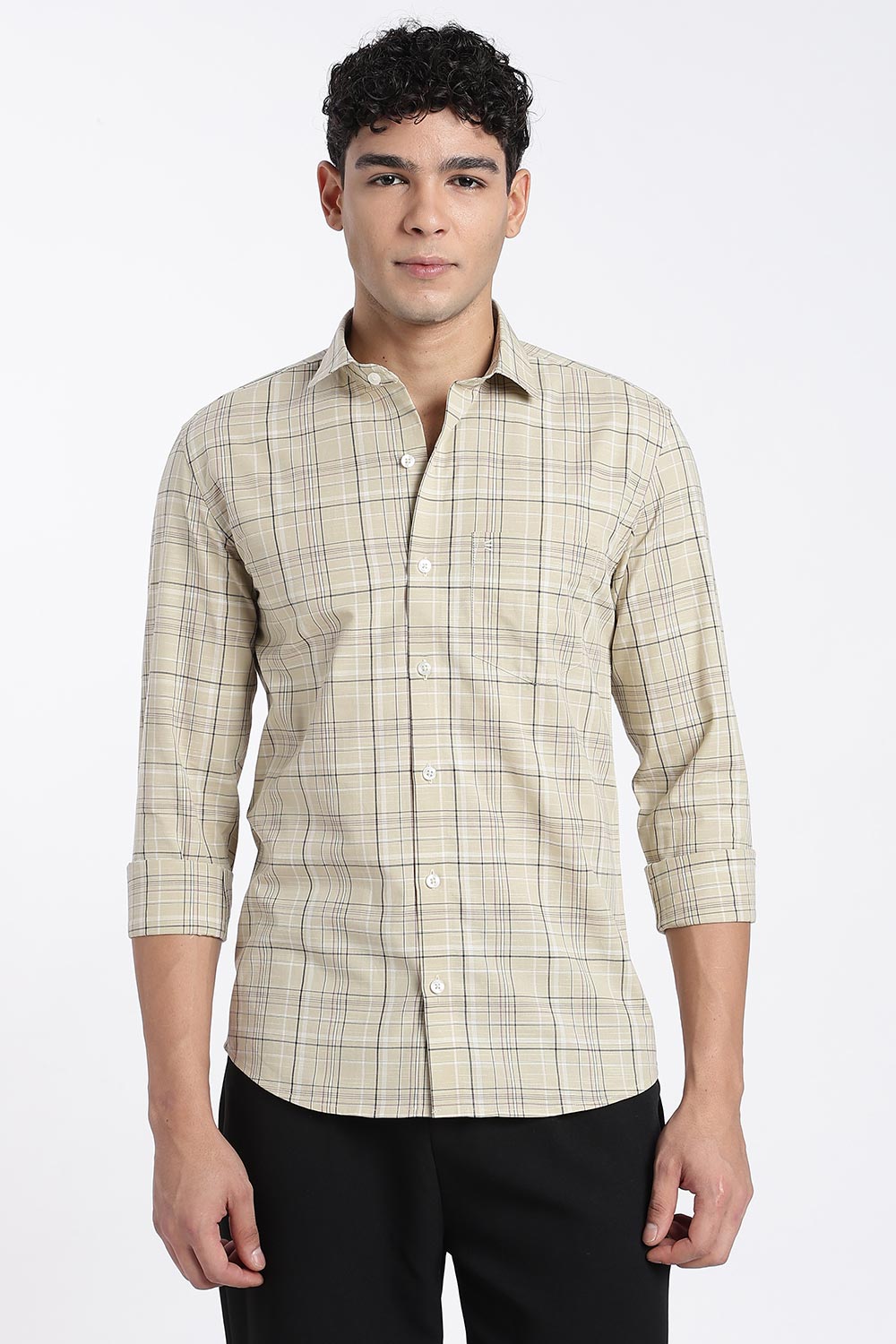 Enhance Men’s Cotton Check Shirt – Full Sleeve Casual Shirt with Button Placket & Patch Pocket | Everyday Wear - Beige - SH37-C3