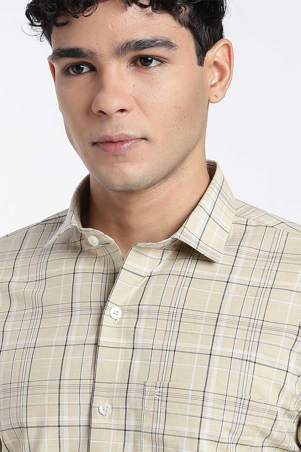 Enhance Men’s Cotton Check Shirt – Full Sleeve Casual Shirt with Button Placket & Patch Pocket | Everyday Wear - Beige - SH37-C3