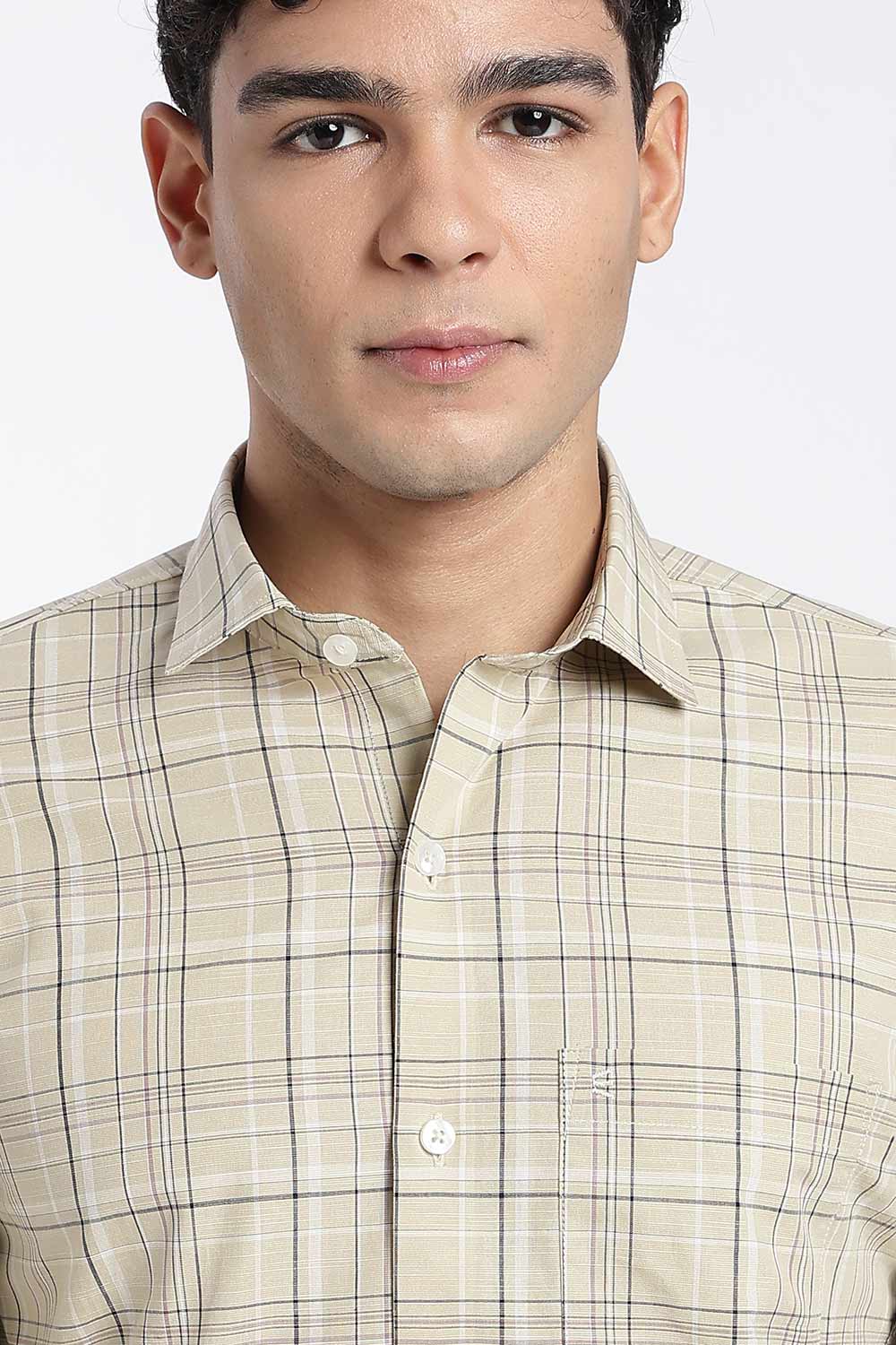 Enhance Men’s Cotton Check Shirt – Full Sleeve Casual Shirt with Button Placket & Patch Pocket | Everyday Wear - Beige - SH37-C3