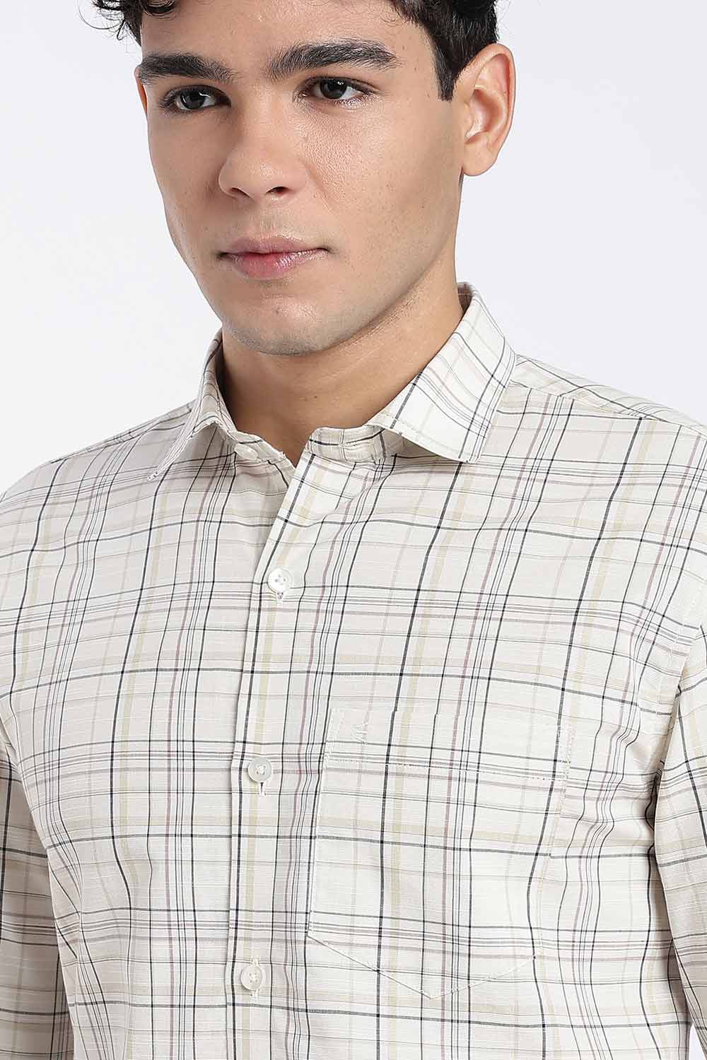 Enhance Men’s Cotton Check Shirt – Full Sleeve Casual Shirt with Button Placket & Patch Pocket | Everyday Wear - Cream - SH37-C3