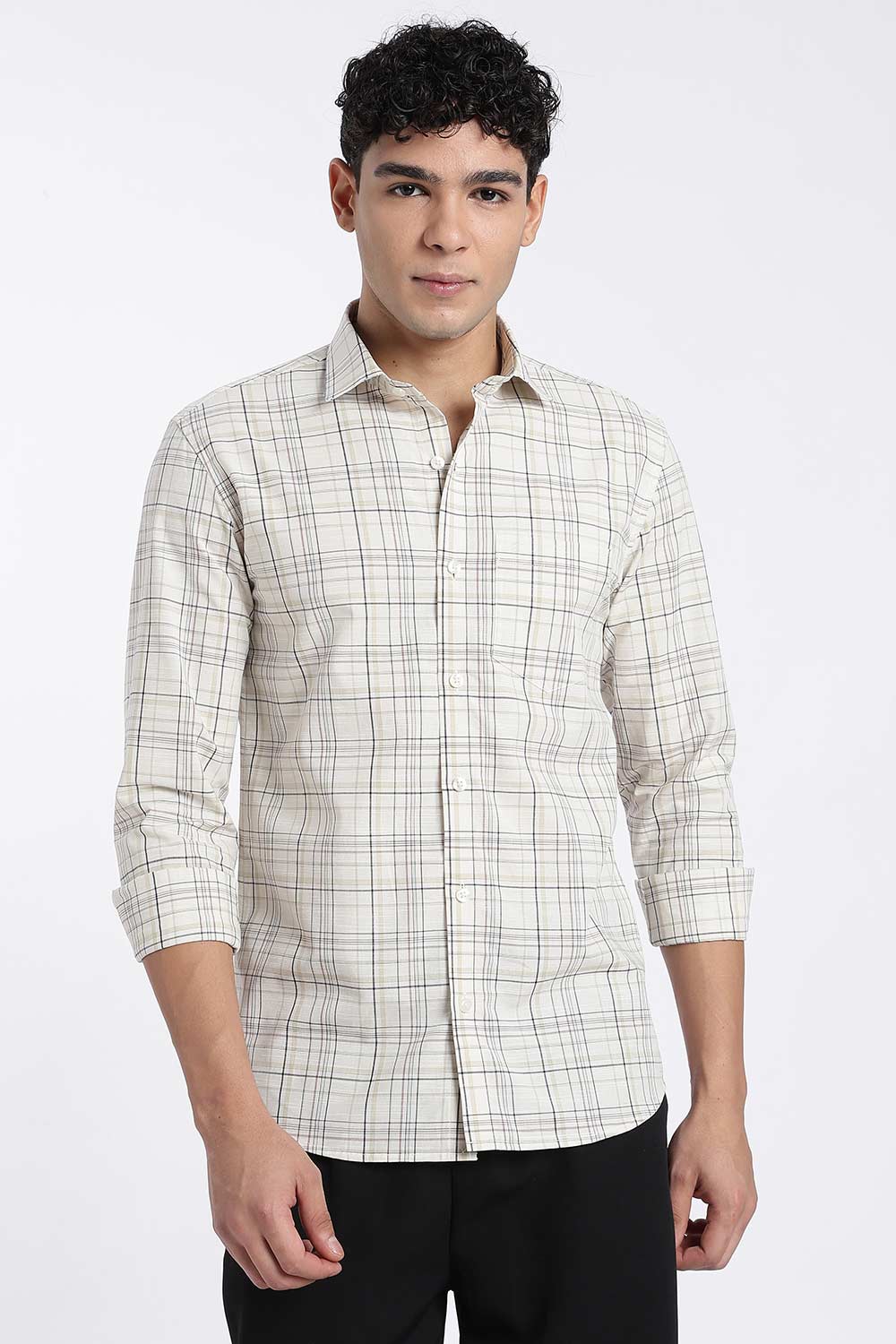 Enhance Men’s Cotton Check Shirt – Full Sleeve Casual Shirt with Button Placket & Patch Pocket | Everyday Wear - Cream - SH37-C3