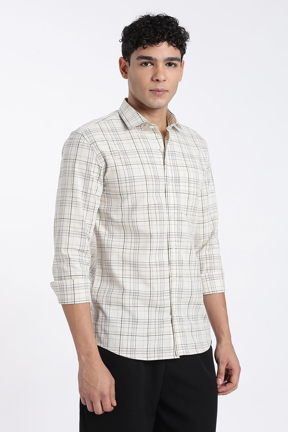 Enhance Men’s Cotton Check Shirt – Full Sleeve Casual Shirt with Button Placket & Patch Pocket | Everyday Wear - Cream - SH37-C3