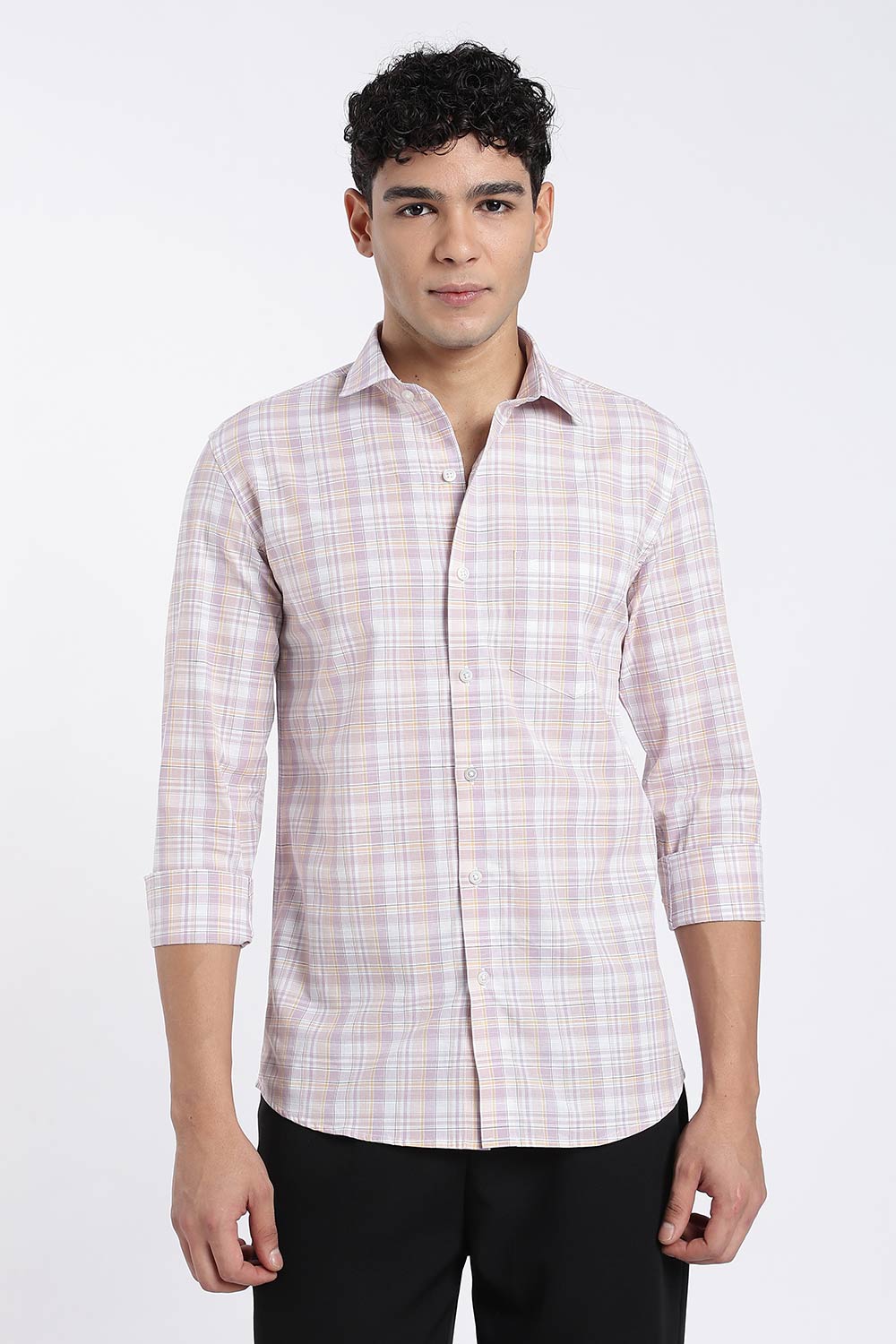 Enhance Men’s Cotton Check Shirt – Full Sleeve Casual Shirt with Button Placket & Pocket | Everyday Wear Shirt for Men - Lavender - SH37