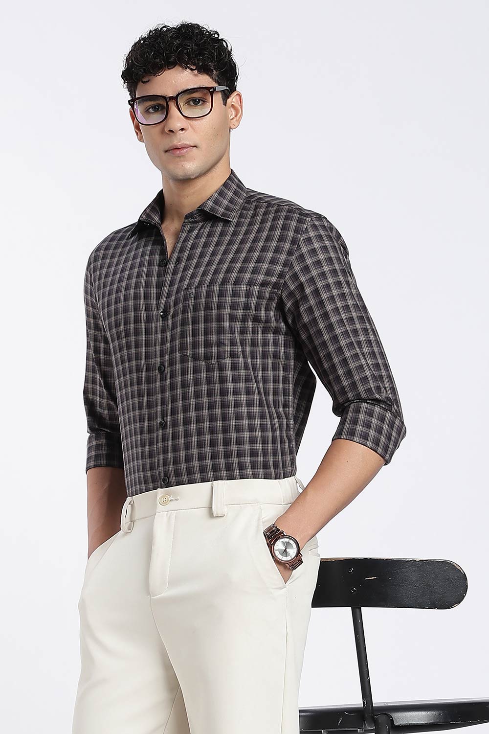 Enhance Men’s Cotton Check Shirt – Full Sleeve Casual Shirt with Button Placket & Pocket | Everyday Wear Shirt for Men - Purple - SH37