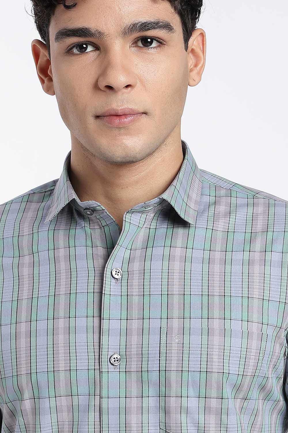 Enhance Men’s Cotton Check Shirt – Full Sleeve Casual Shirt with Button Placket & Pocket | Everyday Wear Shirt for Men - Slate Grey - SH37