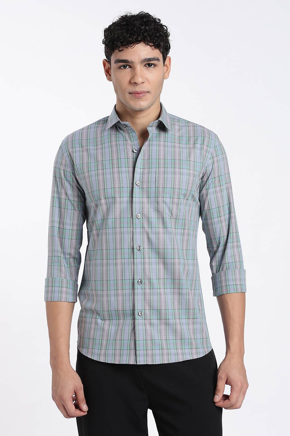 Enhance Men’s Cotton Check Shirt – Full Sleeve Casual Shirt with Button Placket & Pocket | Everyday Wear Shirt for Men - Slate Grey - SH37