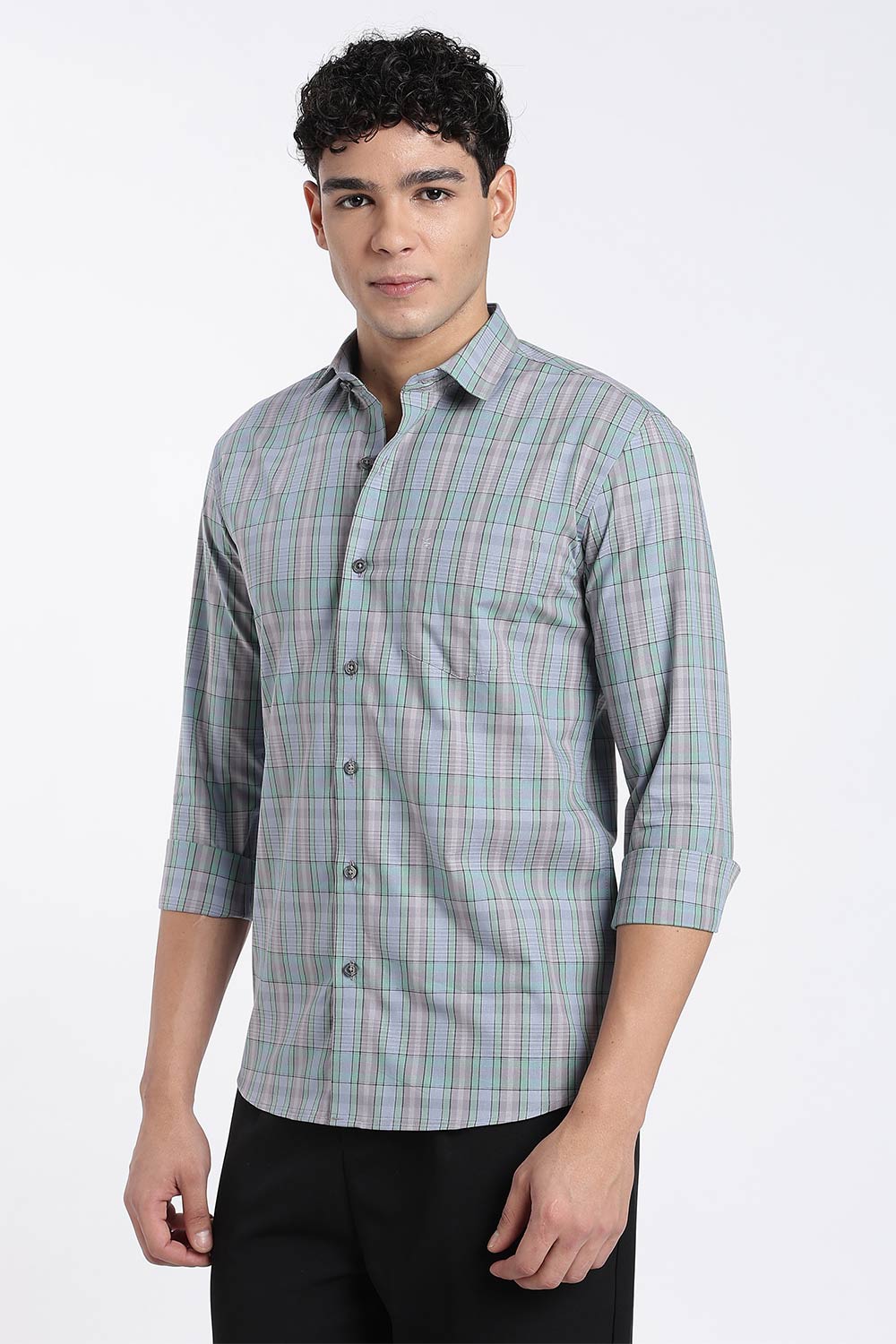 Enhance Men’s Cotton Check Shirt – Full Sleeve Casual Shirt with Button Placket & Pocket | Everyday Wear Shirt for Men - Slate Grey - SH37