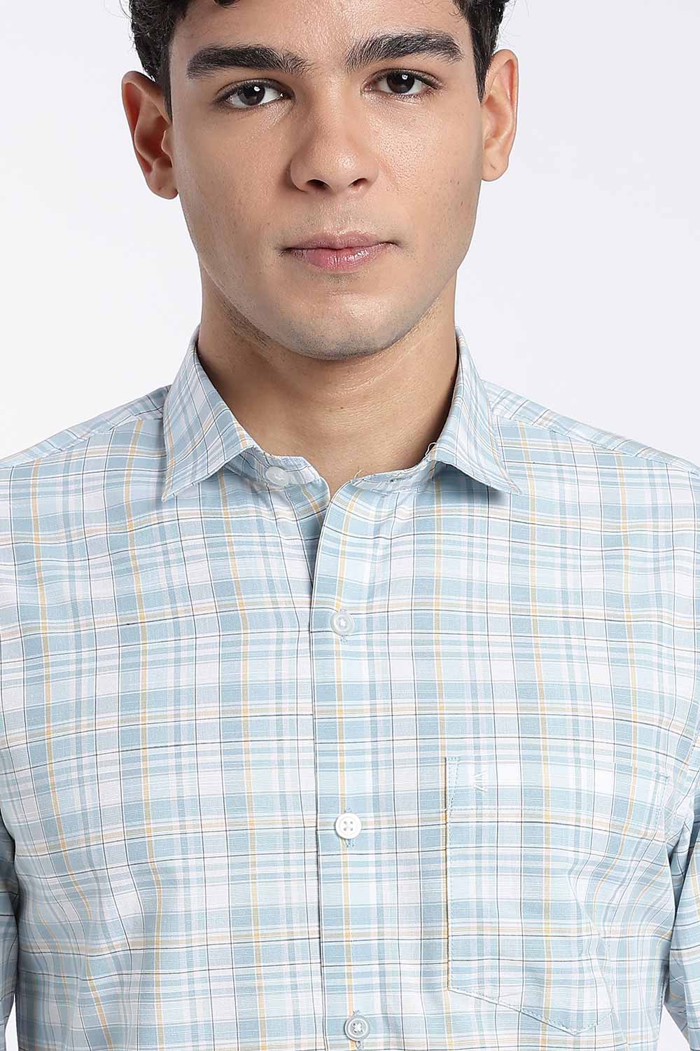 Enhance Men’s Cotton Check Shirt – Full Sleeve Casual Shirt with Button Placket & Pocket | Everyday Wear Shirt for Men - Sky Blue - SH37