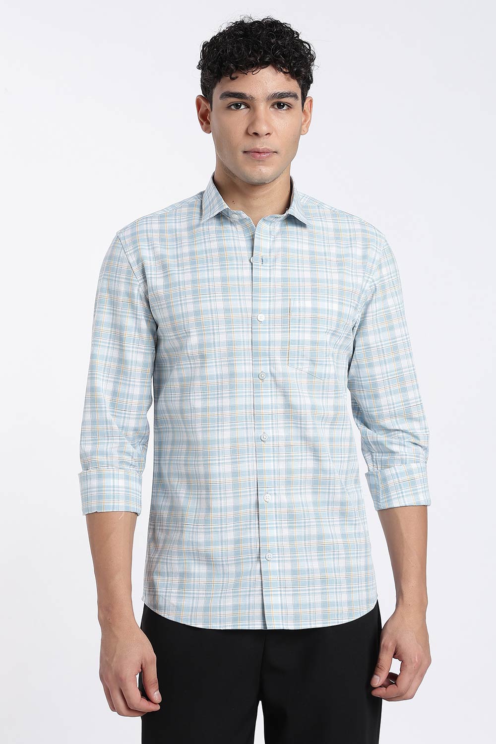 Enhance Men’s Cotton Check Shirt – Full Sleeve Casual Shirt with Button Placket & Pocket | Everyday Wear Shirt for Men - Sky Blue - SH37