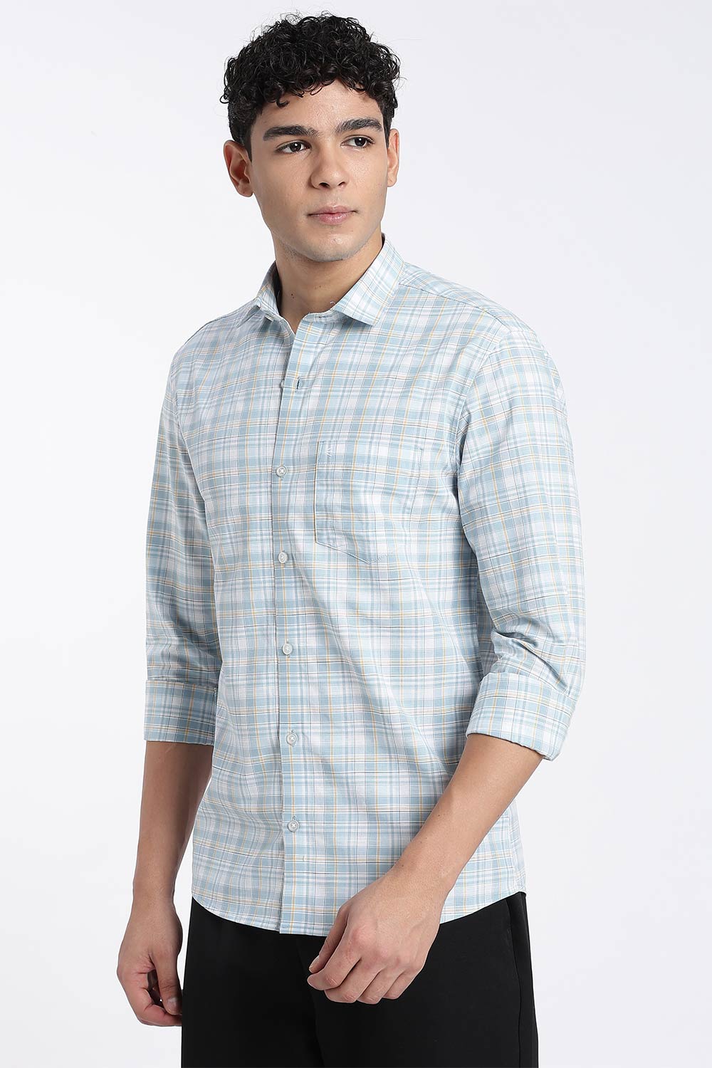 Enhance Men’s Cotton Check Shirt – Full Sleeve Casual Shirt with Button Placket & Pocket | Everyday Wear Shirt for Men - Sky Blue - SH37