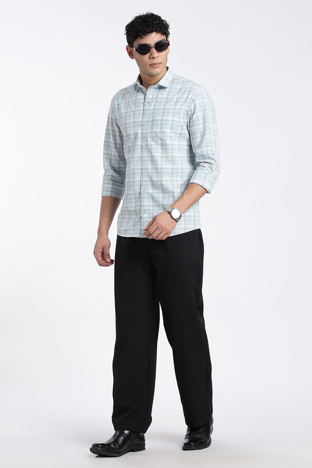 Enhance Men’s Cotton Check Shirt – Full Sleeve Casual Shirt with Button Placket & Pocket | Everyday Wear Shirt for Men - Sky Blue - SH37