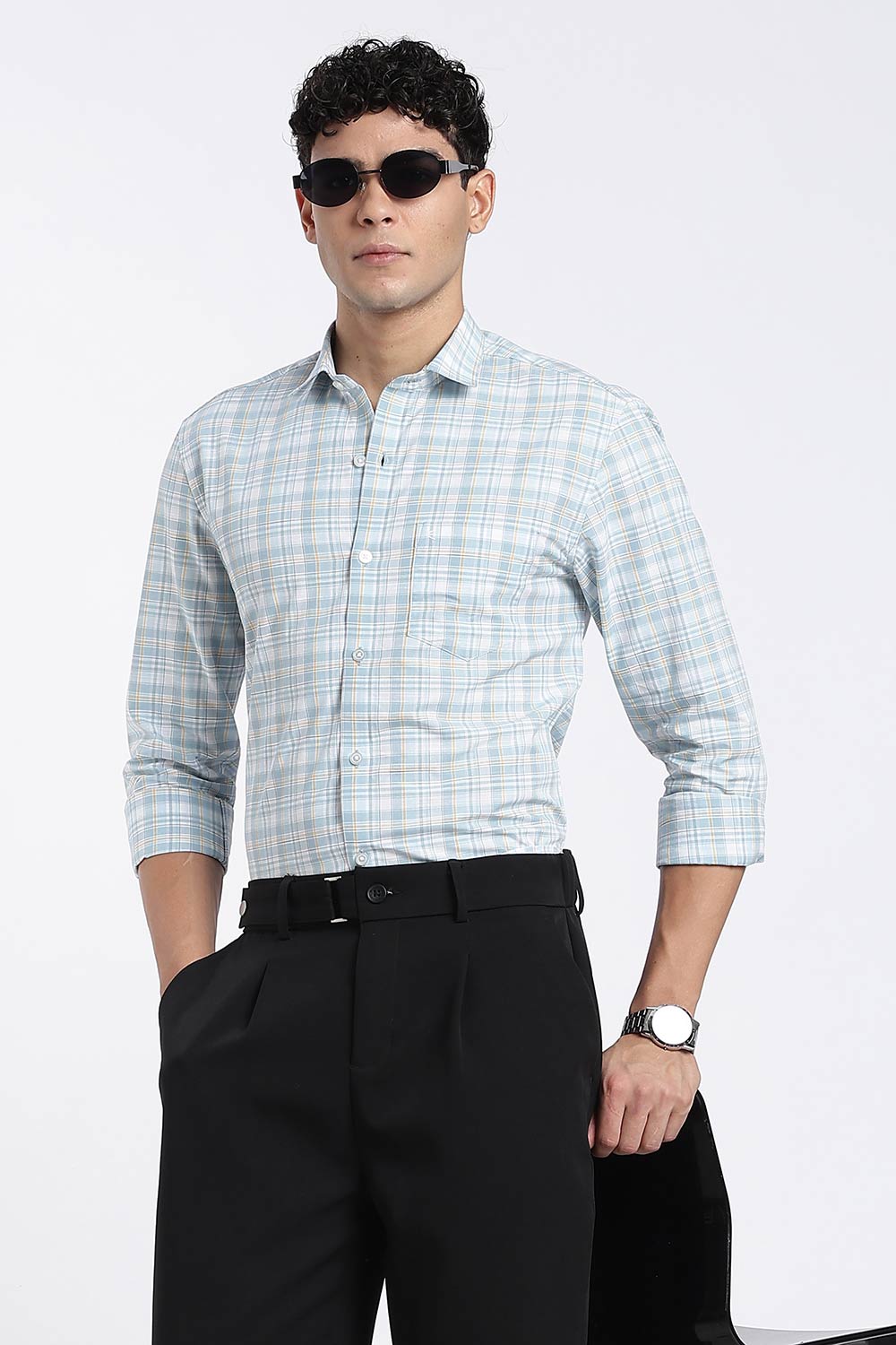 Enhance Men’s Cotton Check Shirt – Full Sleeve Casual Shirt with Button Placket & Pocket | Everyday Wear Shirt for Men - Sky Blue - SH37