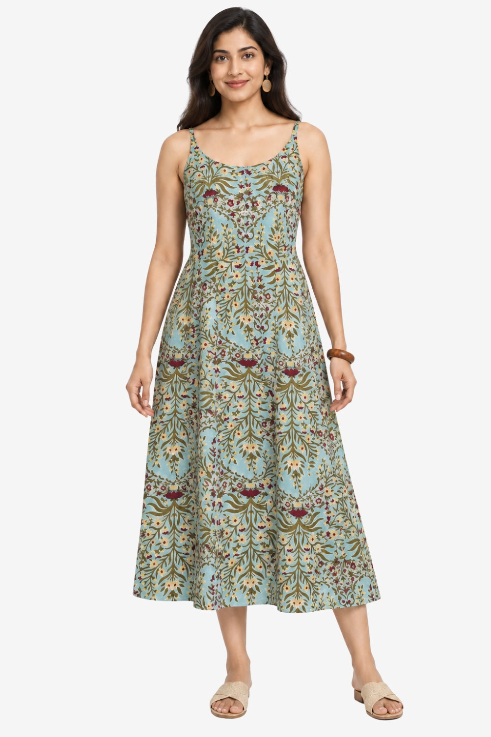 Mythri Women’s Cotton Printed Strap Dress | Broad Round Neck Woven Everyday Dress | Regular Fit - SH11