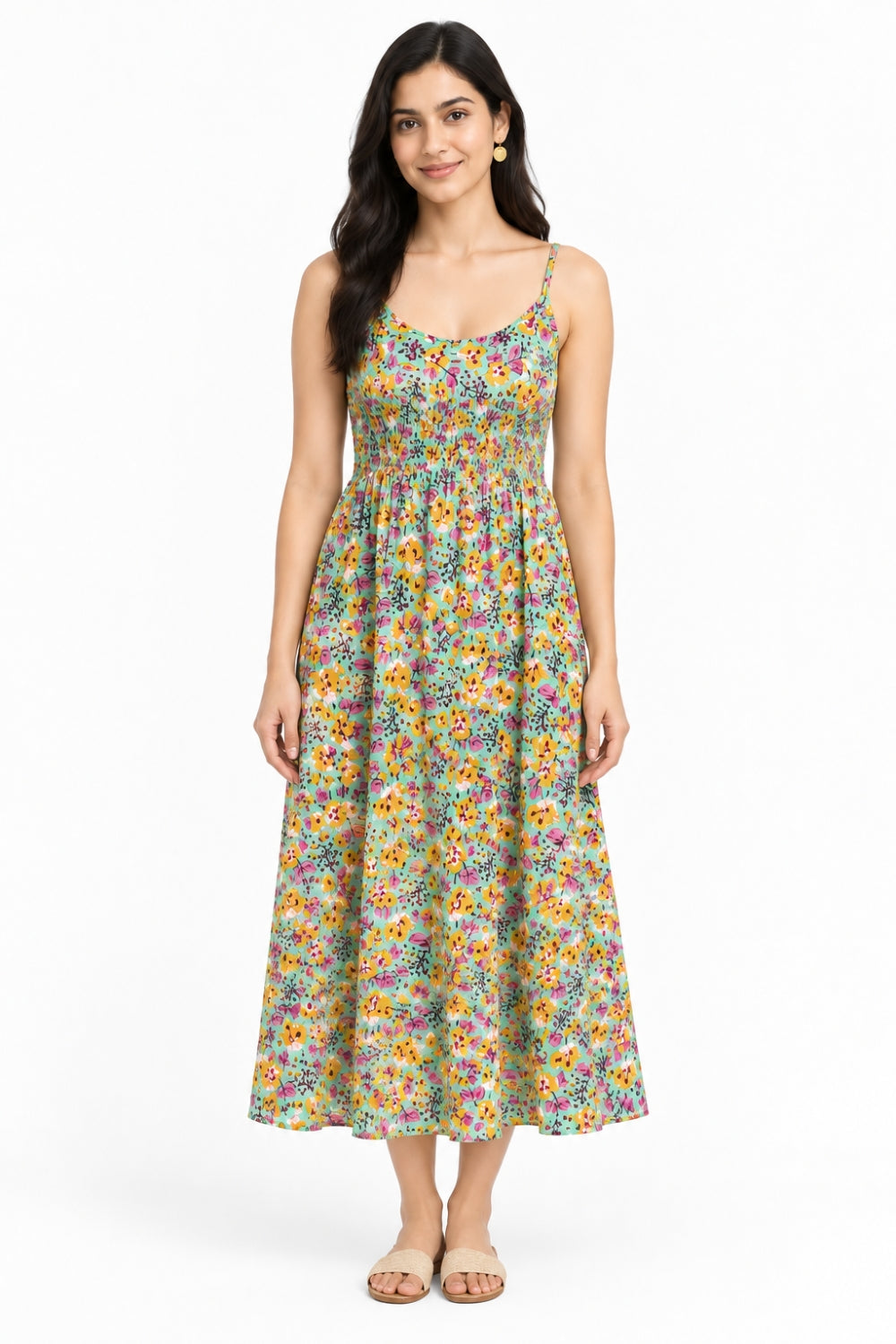 Mythri Women’s Cotton Printed Strap Dress | Broad Round Neck Woven Casual Everyday Dress | Regular Fit - SH12