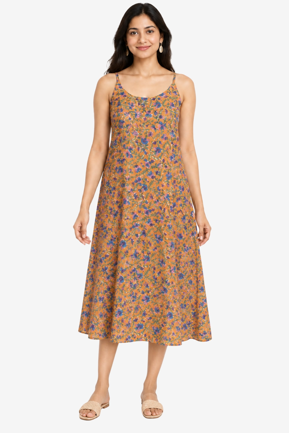 Mythri Women’s Cotton Printed Strap Dress | Broad Round Neck Woven Everyday Casual Dress | Regular Fit - SH13
