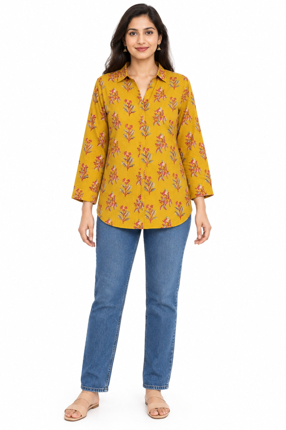 Mythri Women’s Cotton Block Printed Short Top | Shirt Collar Front Pleat Long Sleeve Casual Top - SH23