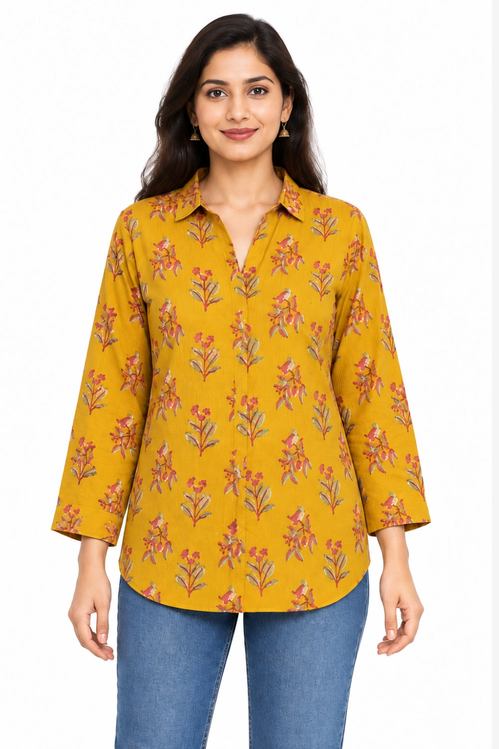 Mythri Women’s Cotton Block Printed Short Top | Shirt Collar Front Pleat Long Sleeve Casual Top - SH23