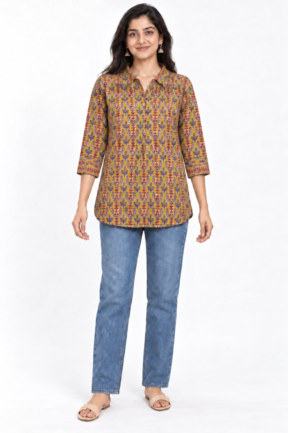 Mythri Women’s Cotton Block Printed Short Top | Shirt Collar Front Pleat Long Sleeve Casual Top - SH31