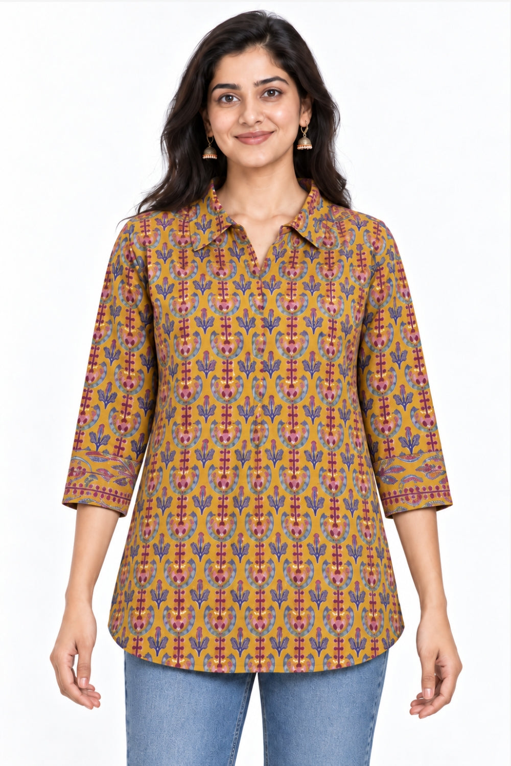 Mythri Women’s Cotton Block Printed Short Top | Shirt Collar Front Pleat Long Sleeve Casual Top - SH31