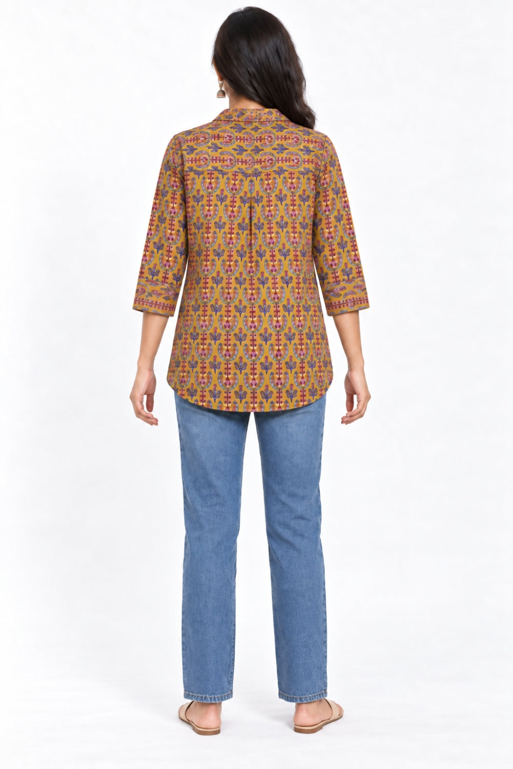 Mythri Women’s Cotton Block Printed Short Top | Shirt Collar Front Pleat Long Sleeve Casual Top - SH31