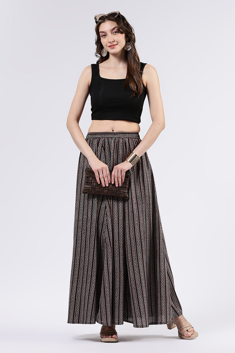 Mythri Women’s Cotton Blend Butta Stripe Kali Skirt with Elastic Waistband Full Length - Black 1 - SK05