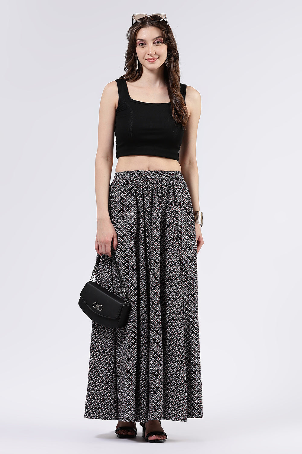 Mythri Women’s Cotton Blend Butta Stripe Kali Skirt with Elastic Waistband Full Length - Black - SK05