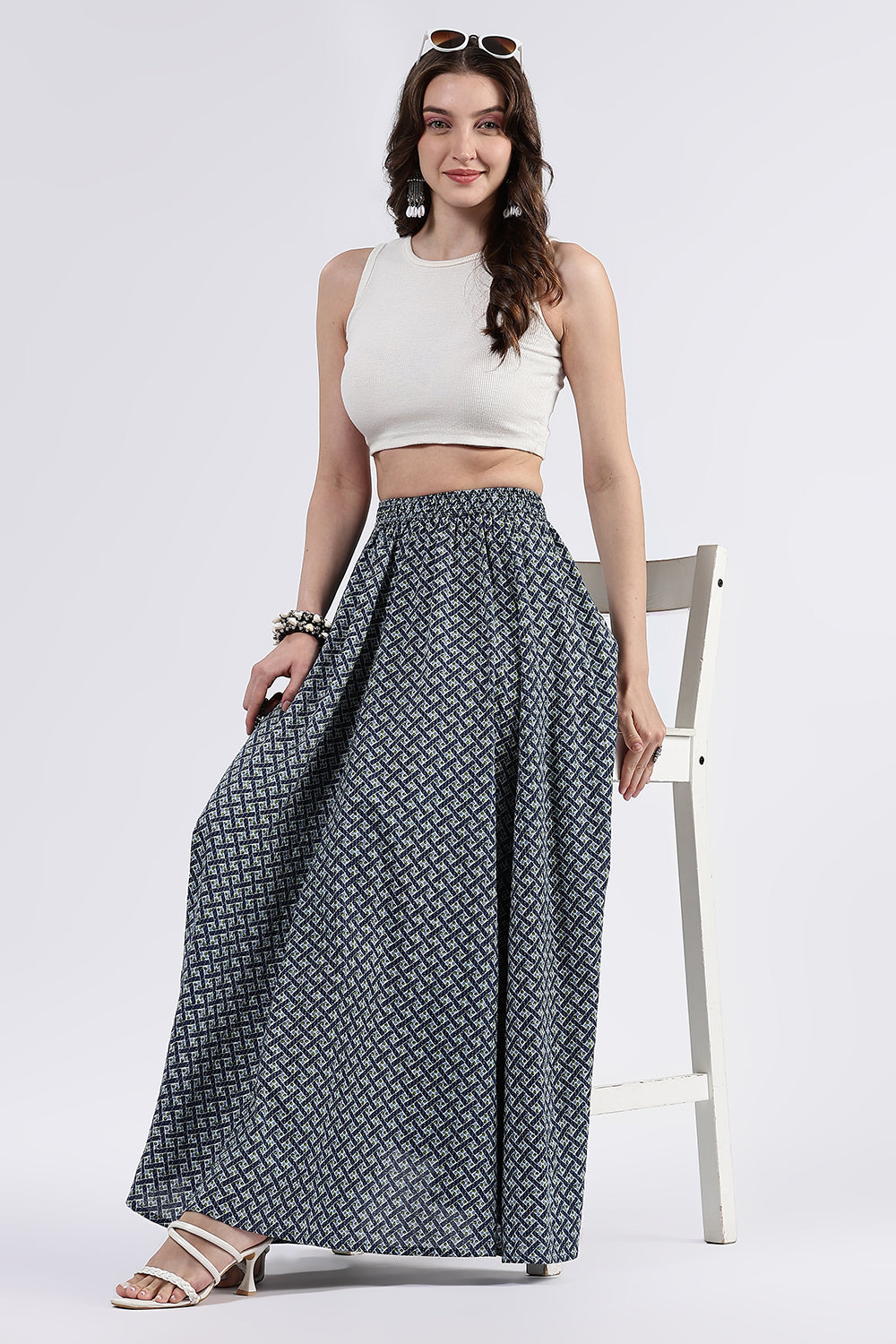 Mythri Women’s Cotton Blend Butta Stripe Kali Skirt with Elastic Waistband Full Length - Blue - SK05