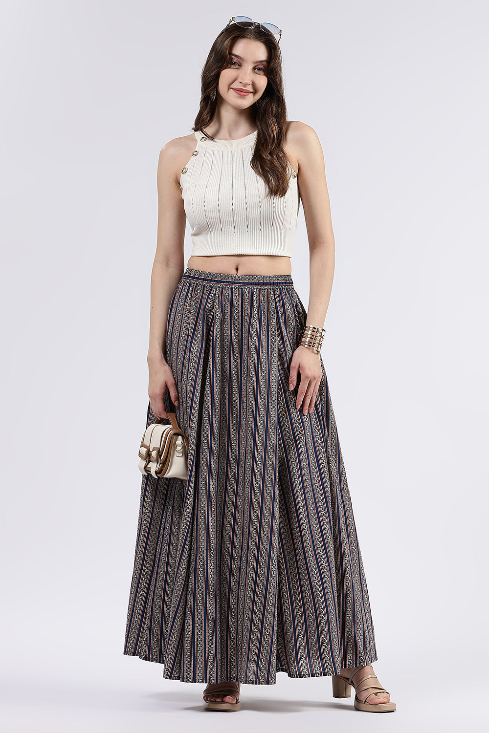 Mythri Women’s Cotton Blend Butta Stripe Kali Skirt with Elastic Waistband Full Length - Blue 1 - SK05
