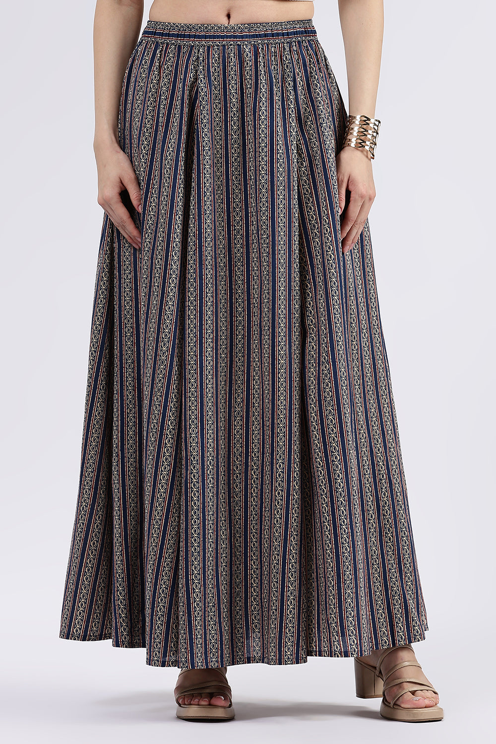 Mythri Women’s Cotton Blend Butta Stripe Kali Skirt with Elastic Waistband Full Length - Blue 1 - SK05