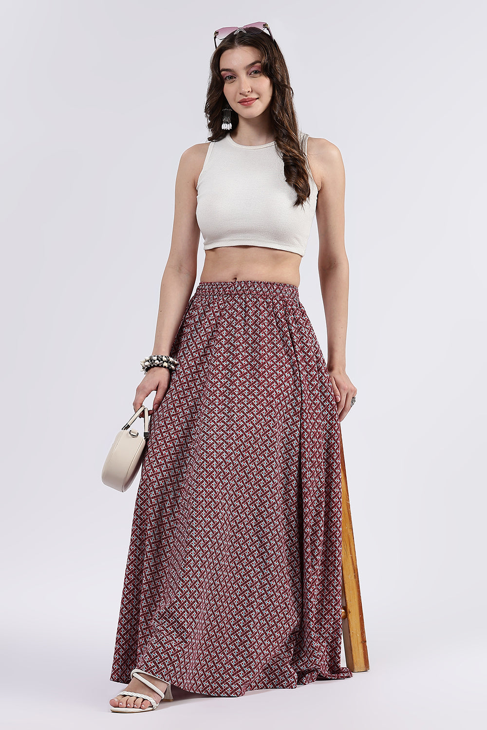 Mythri Women’s Cotton Blend Butta Stripe Kali Skirt with Elastic Waistband Full Length - Maroon - SK05