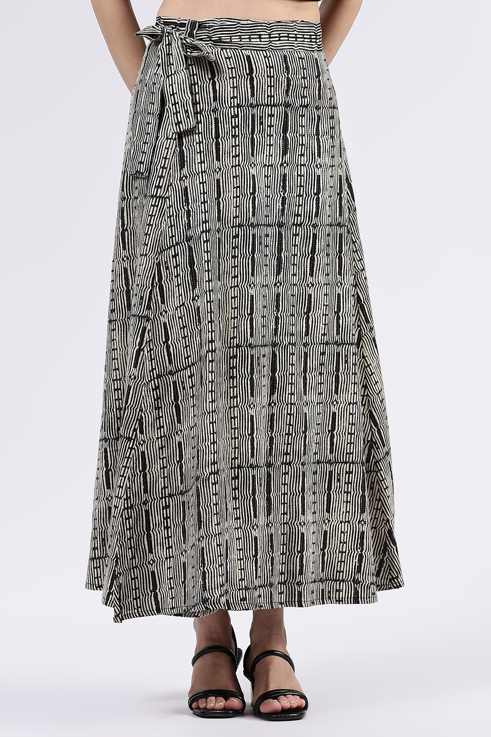 Mythri Women’s Cotton Blend Moroccan Geometric Printed Wrap Skirt with Tie Up - Black - SK07