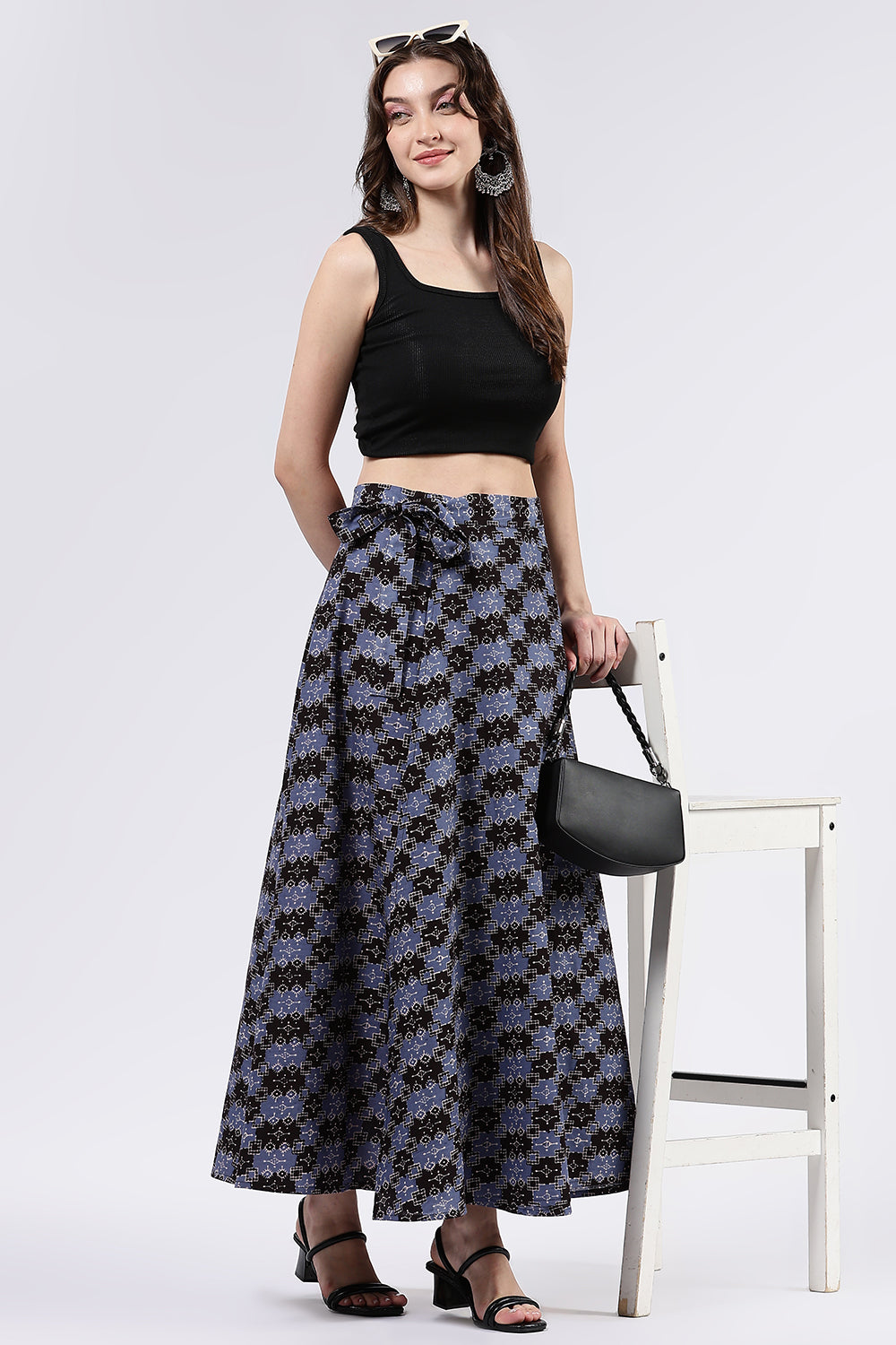 Mythri Women’s Cotton Blend Moroccan Geometric Printed Wrap Skirt with Tie Up - Black 1 - SK07