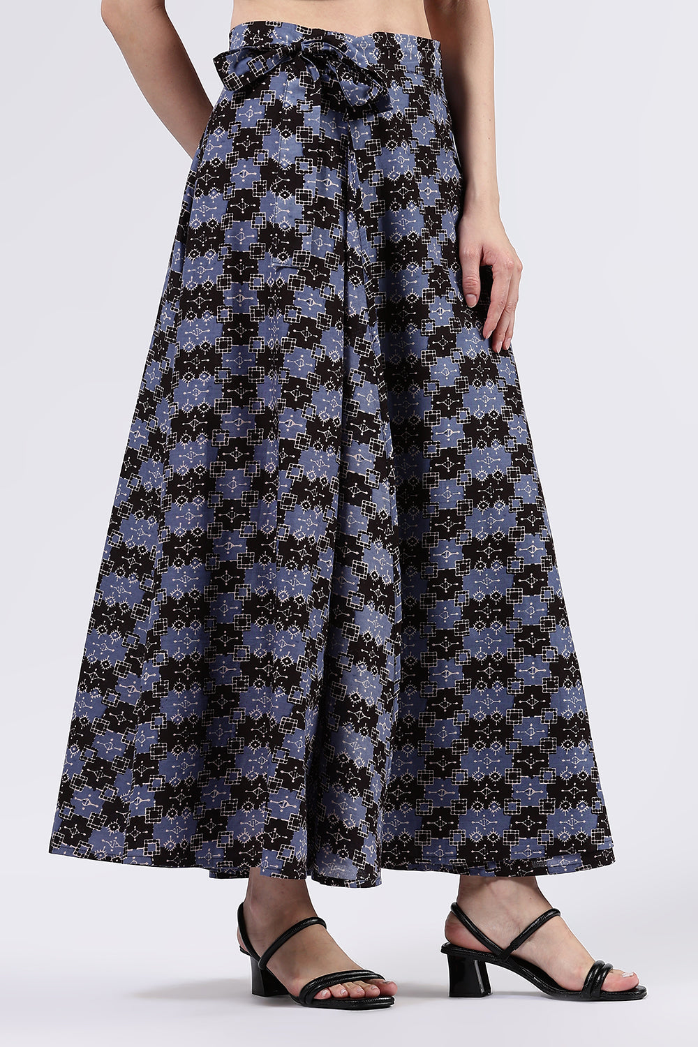 Mythri Women’s Cotton Blend Moroccan Geometric Printed Wrap Skirt with Tie Up - Black 1 - SK07