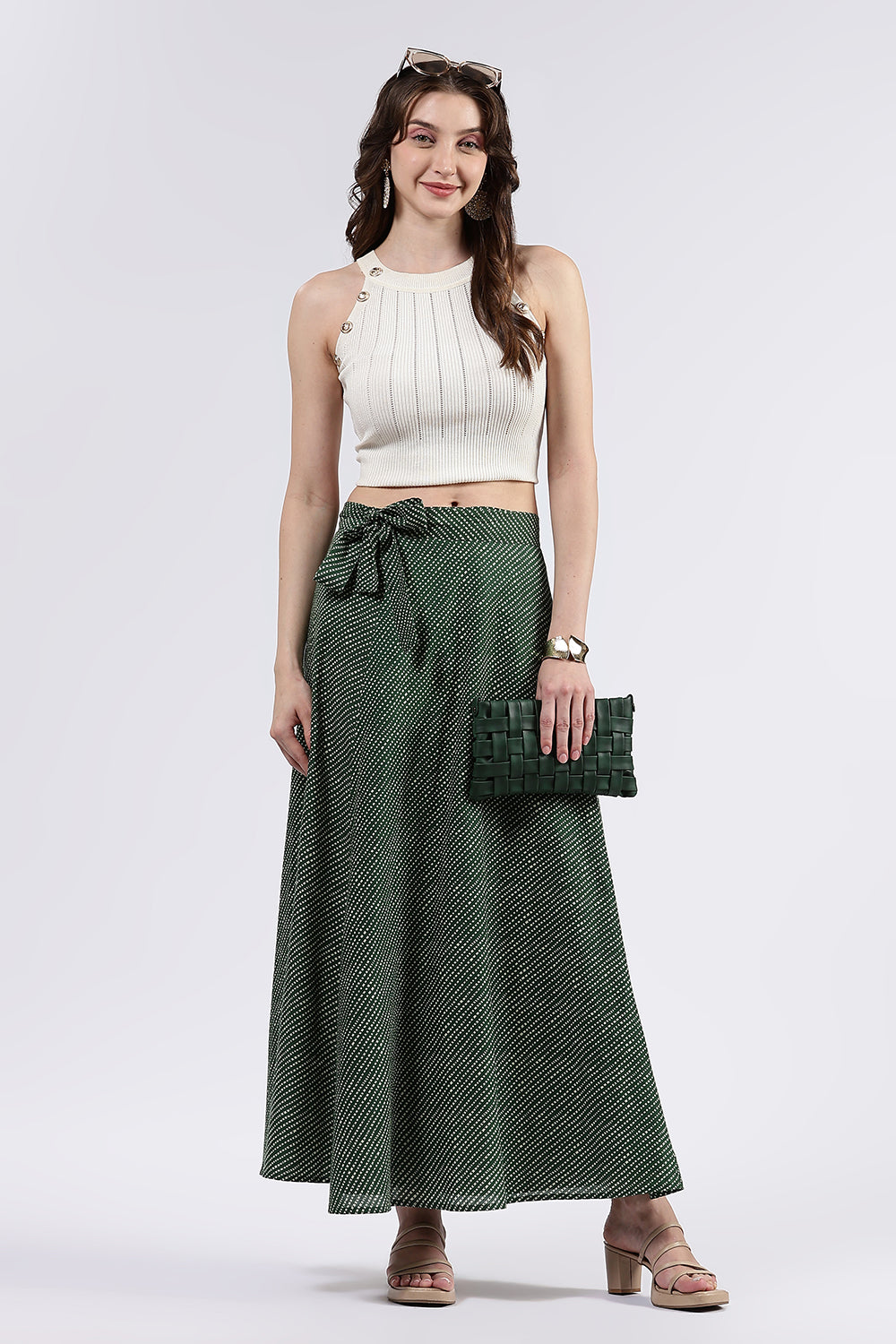 Mythri Women’s Cotton Blend Moroccan Geometric Printed Wrap Skirt with Tie Up - Green - SK07