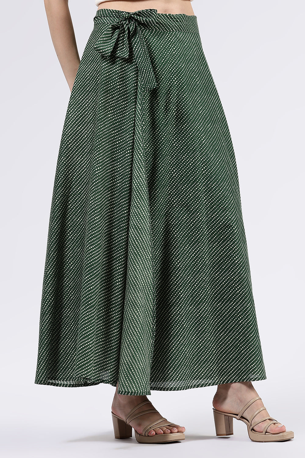 Mythri Women’s Cotton Blend Moroccan Geometric Printed Wrap Skirt with Tie Up - Green - SK07