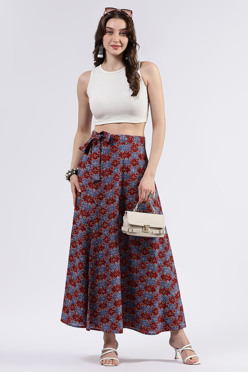 Mythri Women’s Cotton Blend Moroccan Geometric Printed Wrap Skirt with Tie Up - Red 1 - SK07