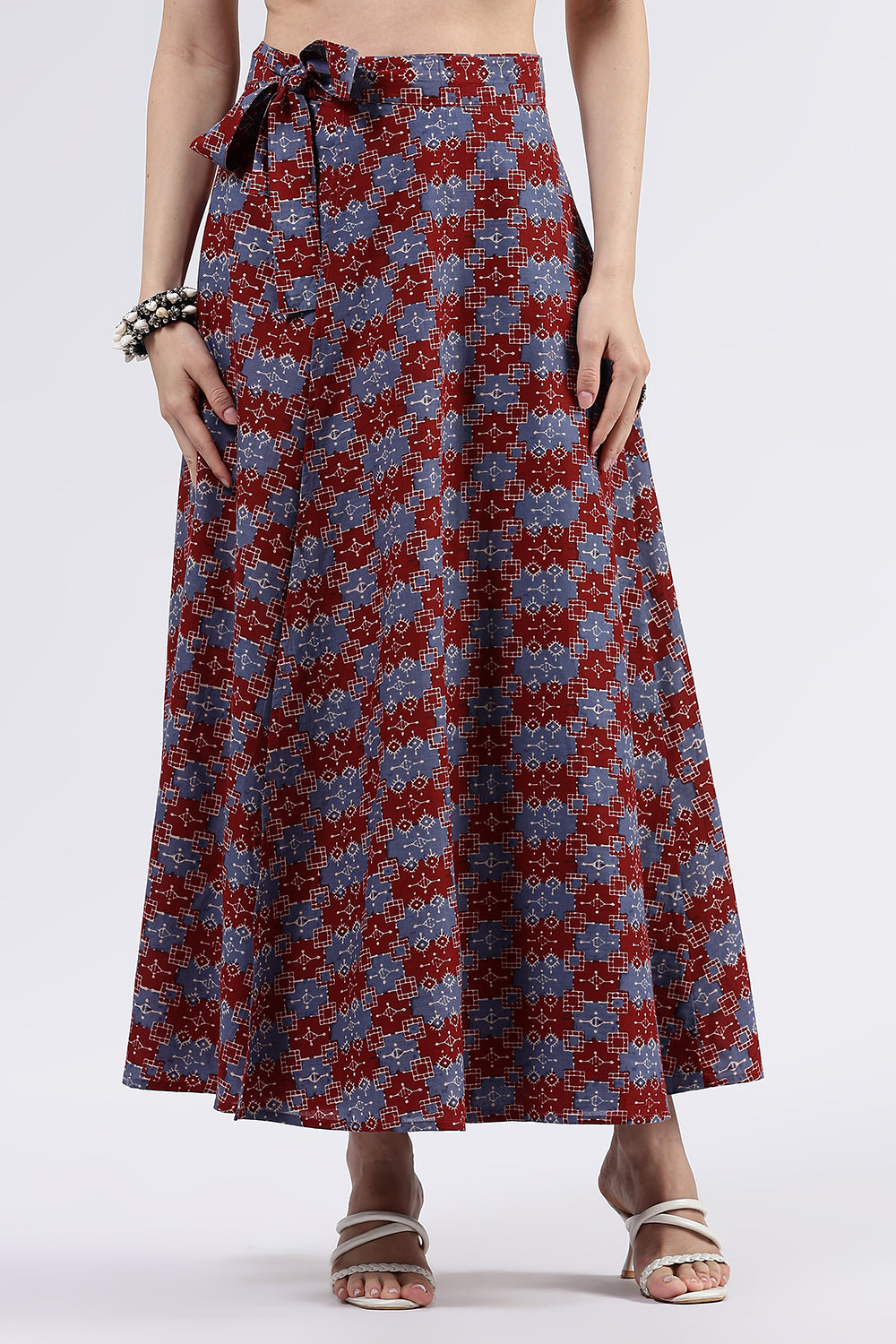 Mythri Women’s Cotton Blend Moroccan Geometric Printed Wrap Skirt with Tie Up - Red 1 - SK07