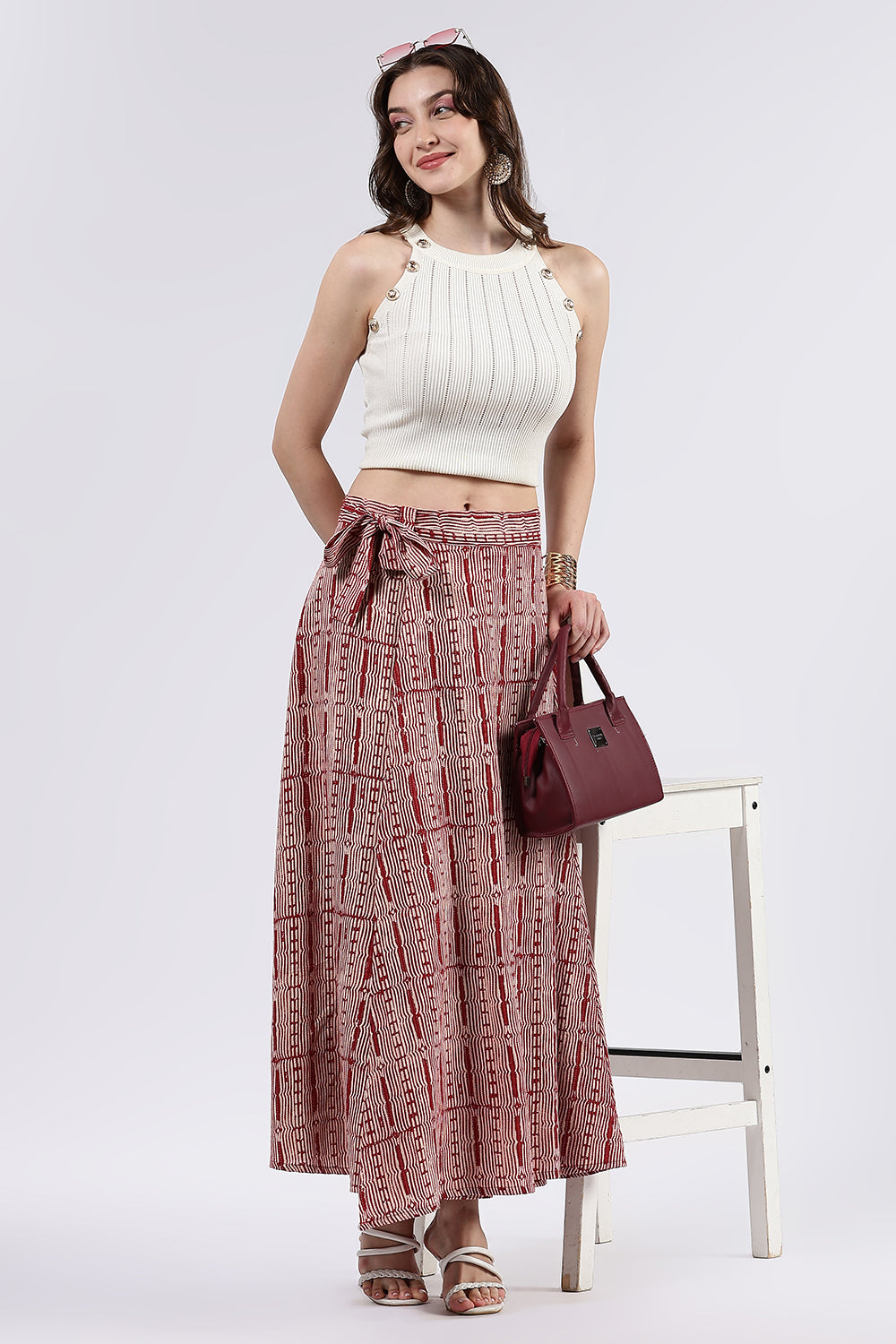 Mythri Women’s Cotton Blend Moroccan Geometric Printed Wrap Skirt with Tie Up - Red - SK07
