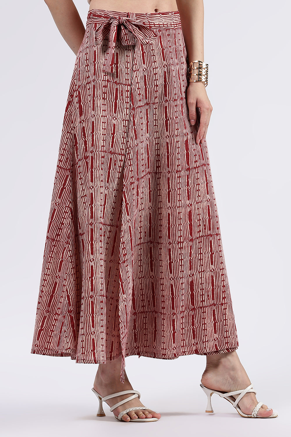 Mythri Women’s Cotton Blend Moroccan Geometric Printed Wrap Skirt with Tie Up - Red - SK07