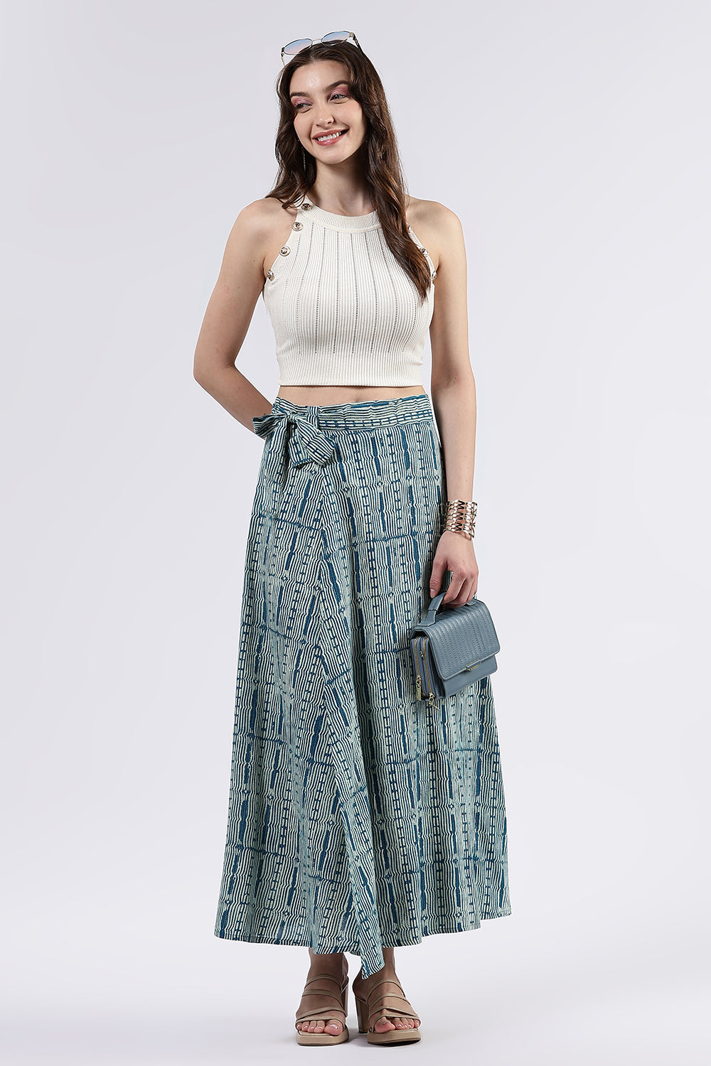 Mythri Women’s Cotton Blend Moroccan Geometric Printed Wrap Skirt with Tie Up - Teal Green - SK07