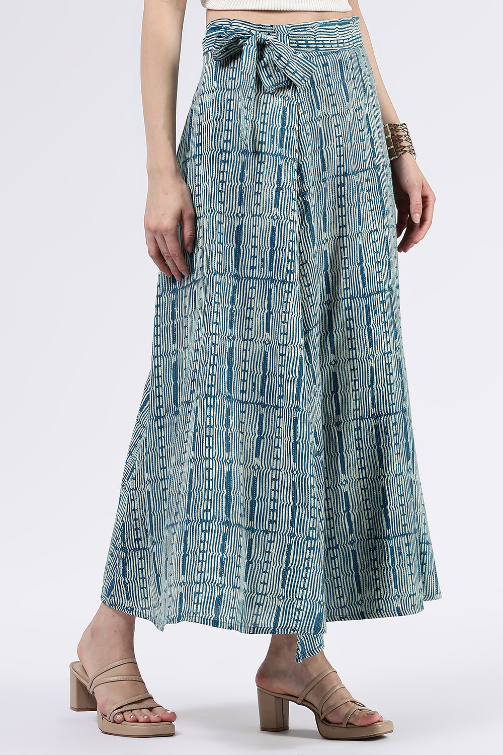 Mythri Women’s Cotton Blend Moroccan Geometric Printed Wrap Skirt with Tie Up - Teal Green - SK07