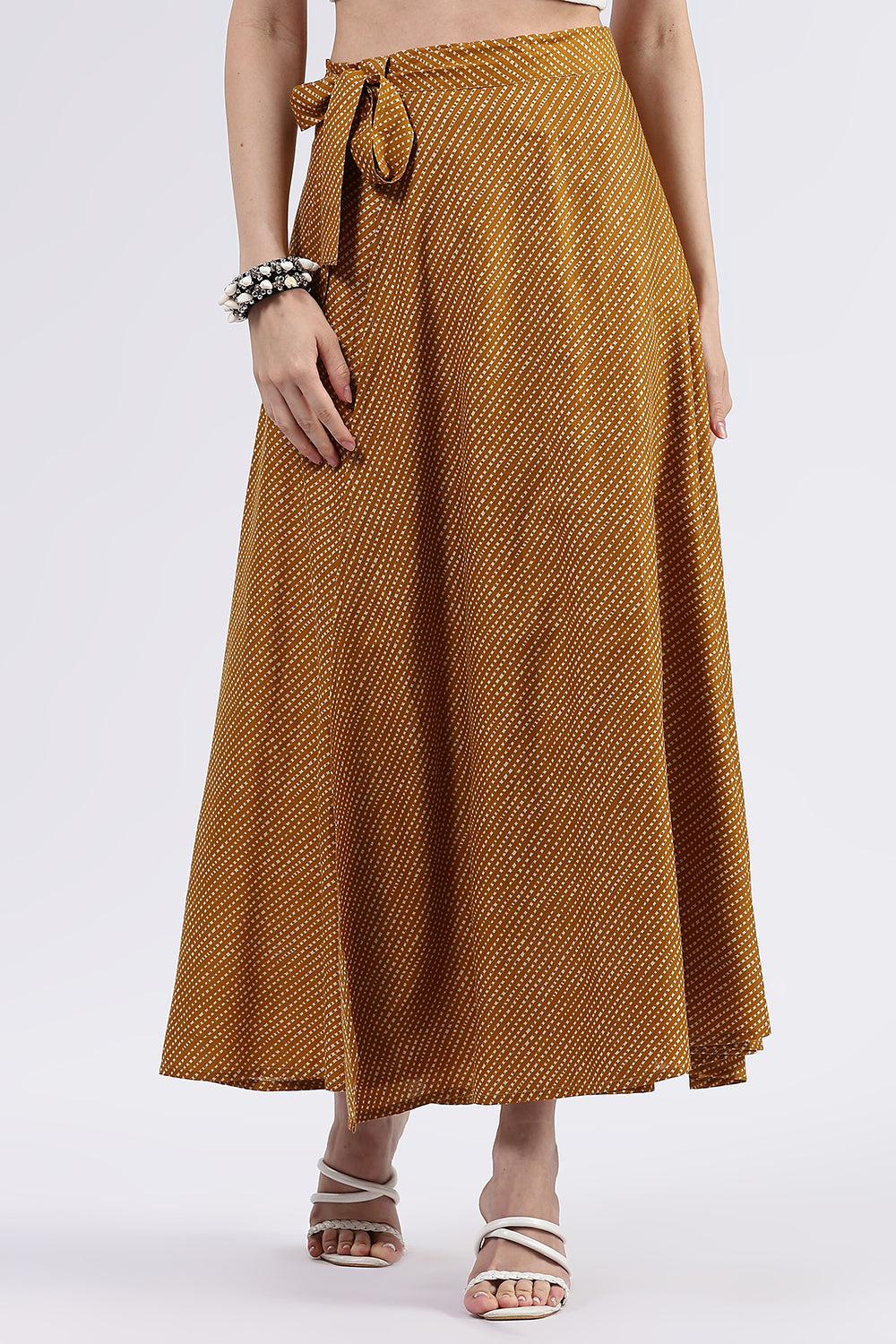Mythri Women’s Cotton Blend Moroccan Geometric Printed Wrap Skirt with Tie Up - Yellow - SK07