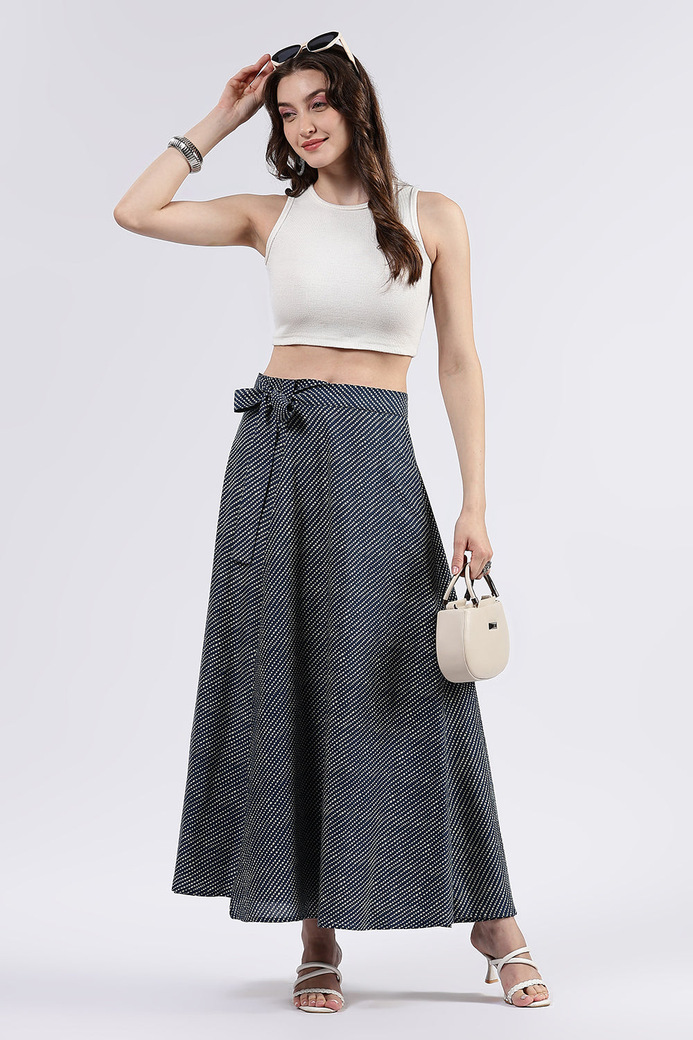 Mythri Women’s Cotton Blend Moroccan Geometric Printed Wrap Skirt with Tie Up - Blue - SK07