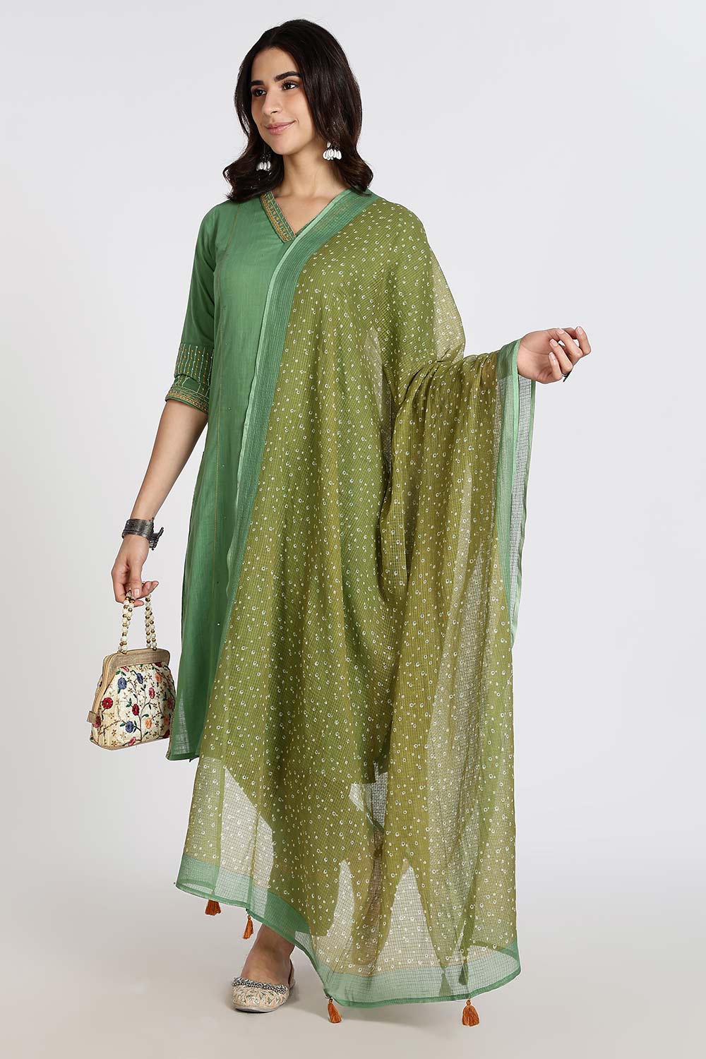 Mythri Women’s Cotton Cambric Kurthi Set 3 Piece Straight Cut Kurthi with Pants and Kota Cotton Shawl - Green - R502