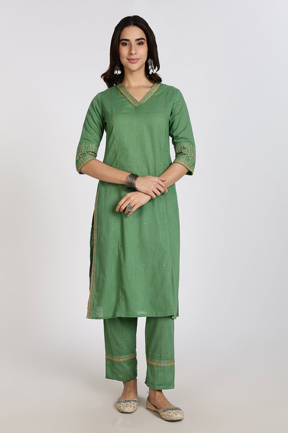 Mythri Women’s Cotton Cambric Kurthi Set 3 Piece Straight Cut Kurthi with Pants and Kota Cotton Shawl - Green - R502