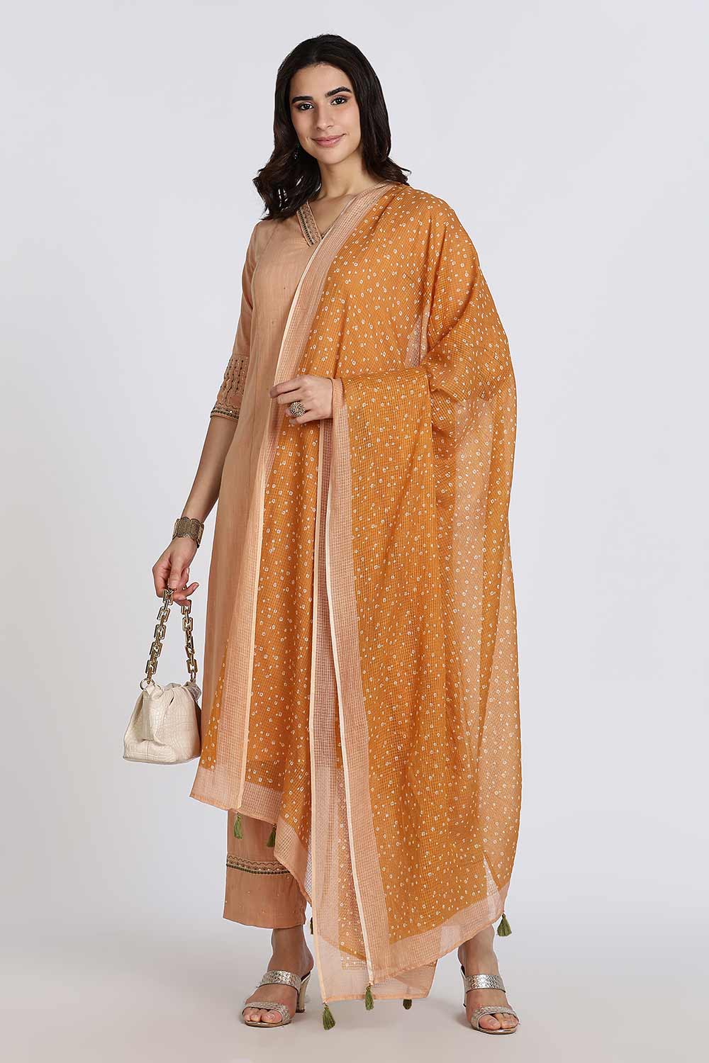 Mythri Women’s Cotton Cambric Kurthi Set 3 Piece Straight Cut Kurthi with Pants and Kota Cotton Shawl - Peach - R502