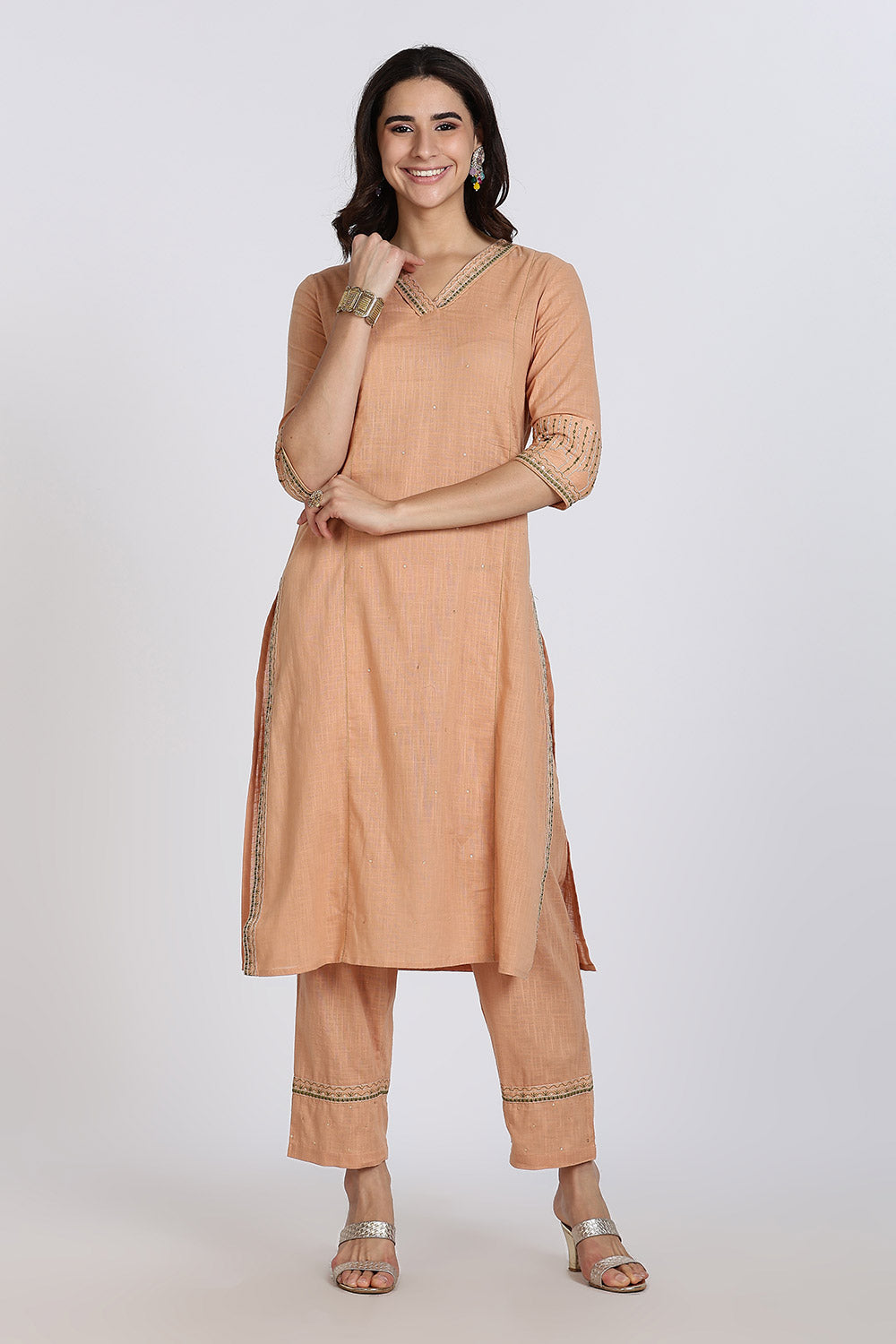 Mythri Women’s Cotton Cambric Kurthi Set 3 Piece Straight Cut Kurthi with Pants and Kota Cotton Shawl - Peach - R502