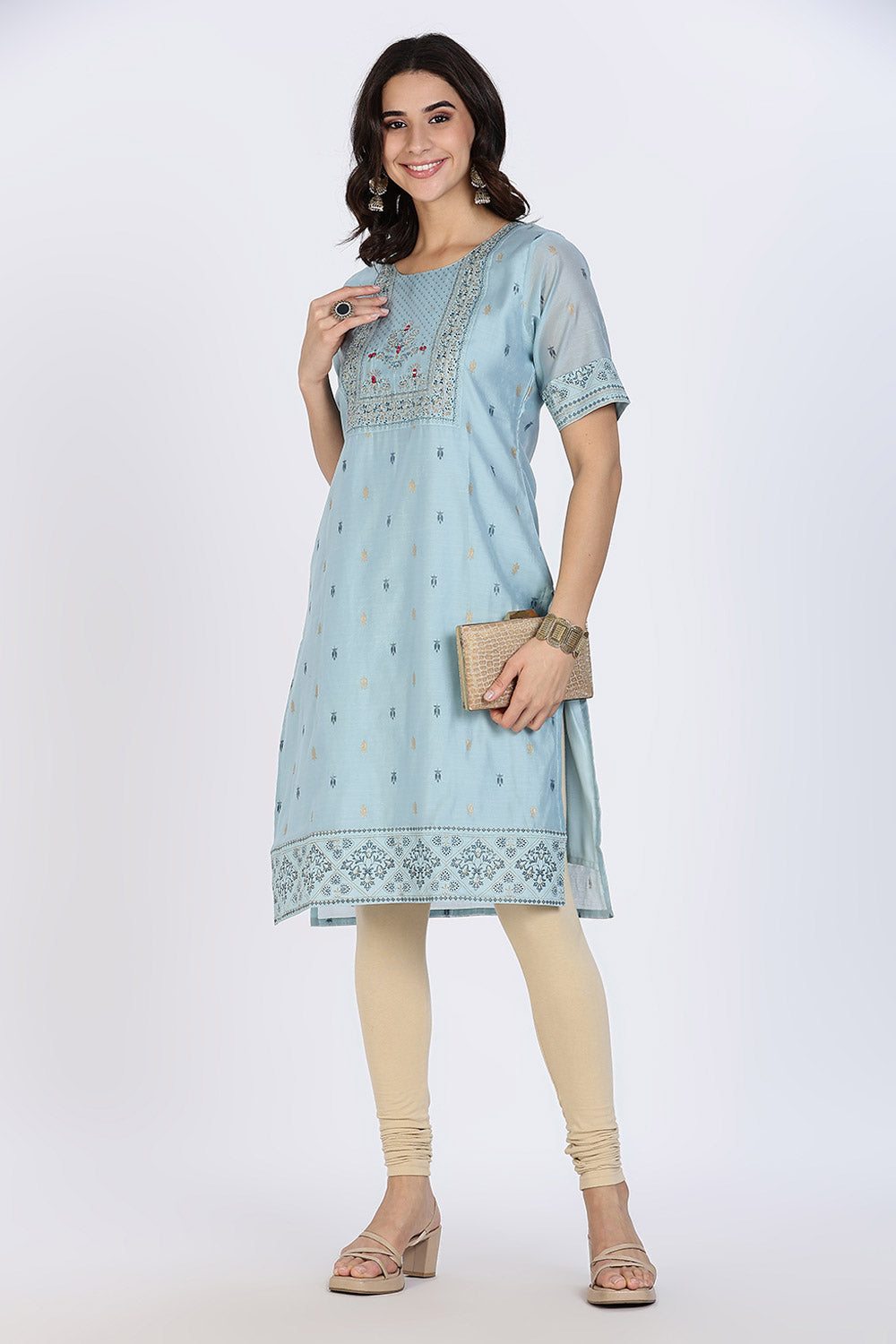 Mythri Women’s Ethnic Kurthi | Straight-Cut Kurthi with Embroidered Front Panel & Patchwork Detailing - Aqua Blue - KAO5