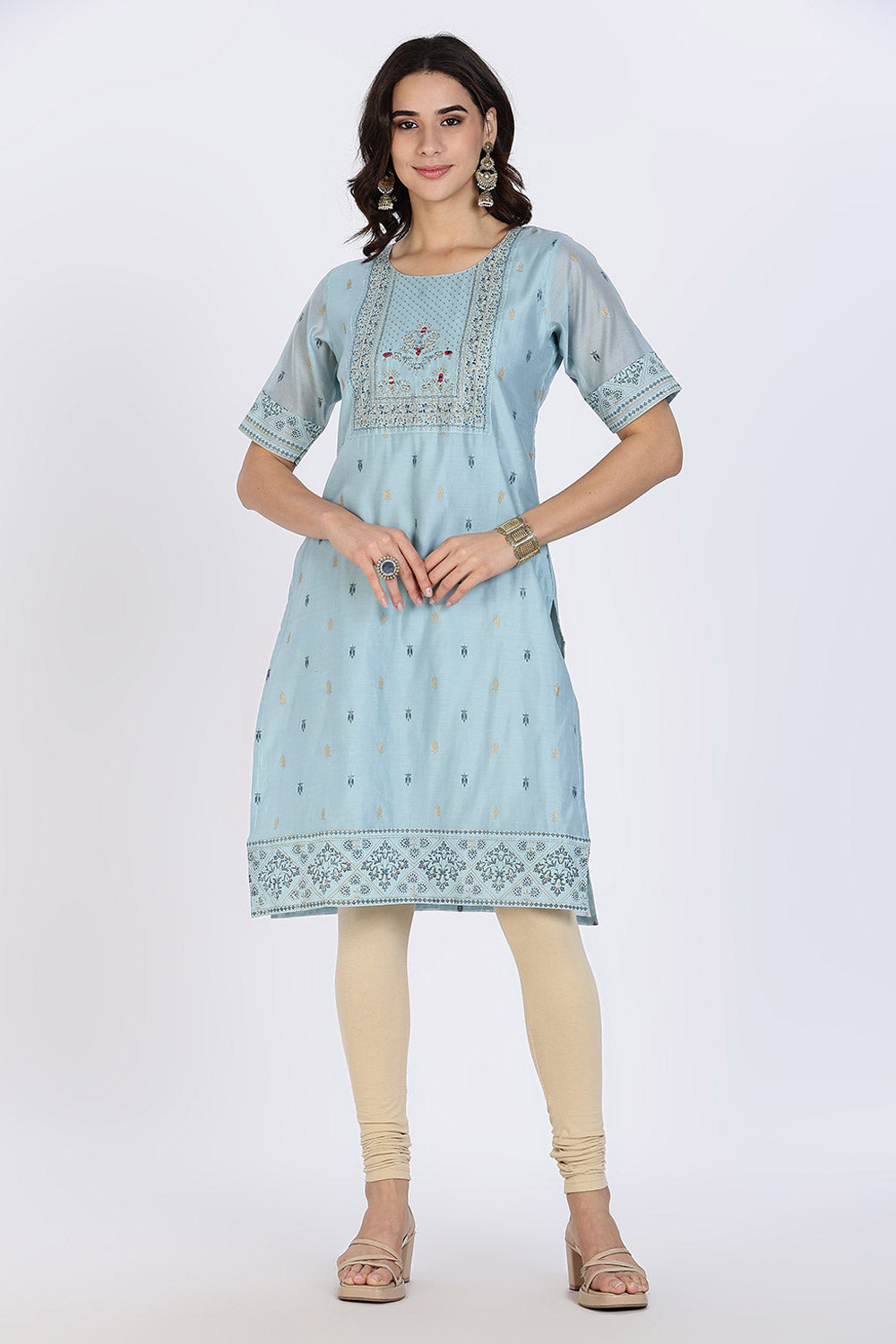 Mythri Women’s Ethnic Kurthi | Straight-Cut Kurthi with Embroidered Front Panel & Patchwork Detailing - Aqua Blue - KAO5