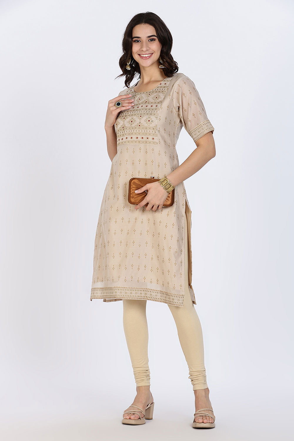 Mythri Women’s Ethnic Kurthi | Straight-Line Kurthi with Scoop Neckline, Embroidery & Border Detailing - Off White - KAO6